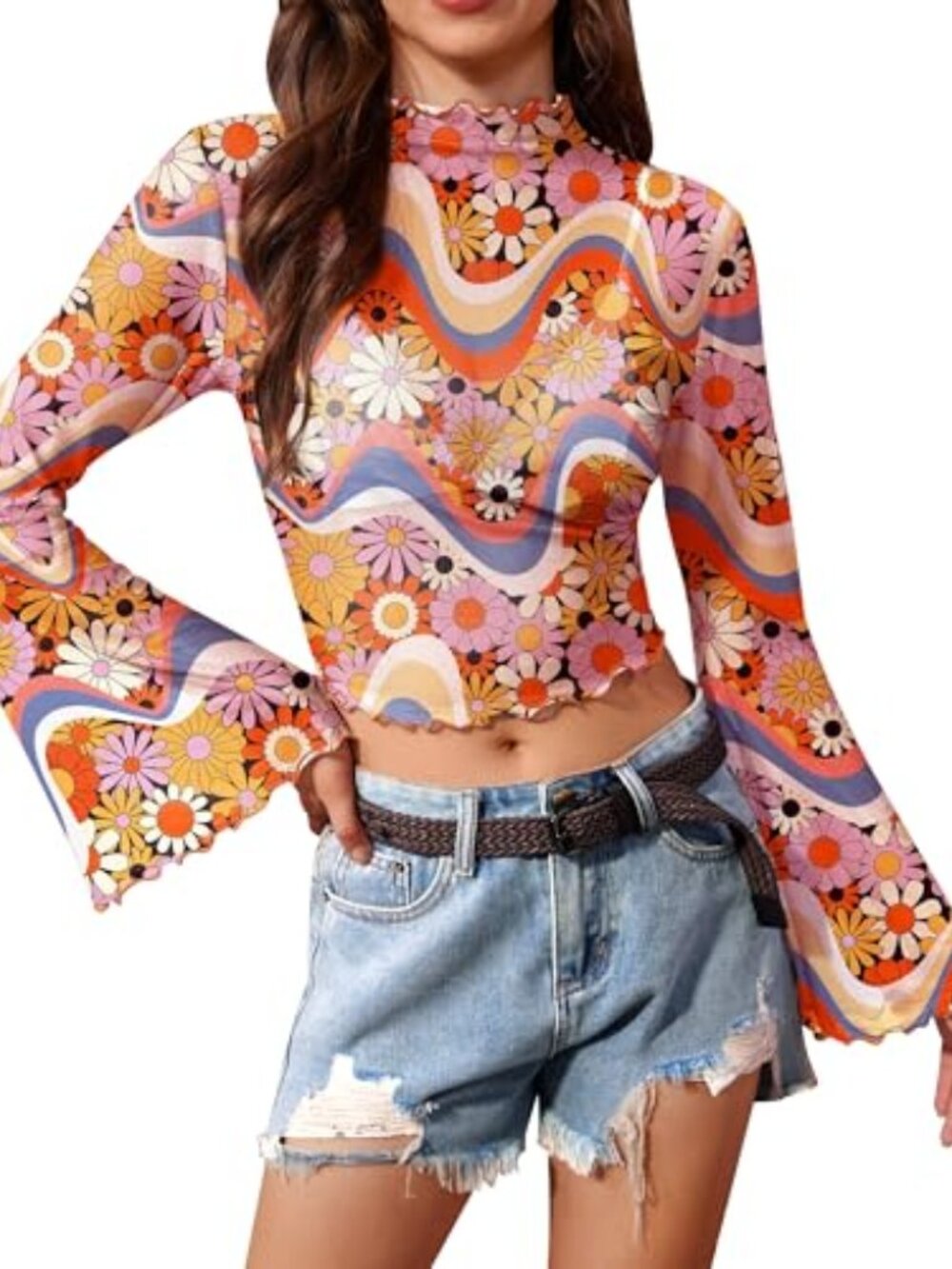 Women's Halloween 70s Hippie Bell Sleeve Shirt | Mock Neck Lettuce Trim Mesh She